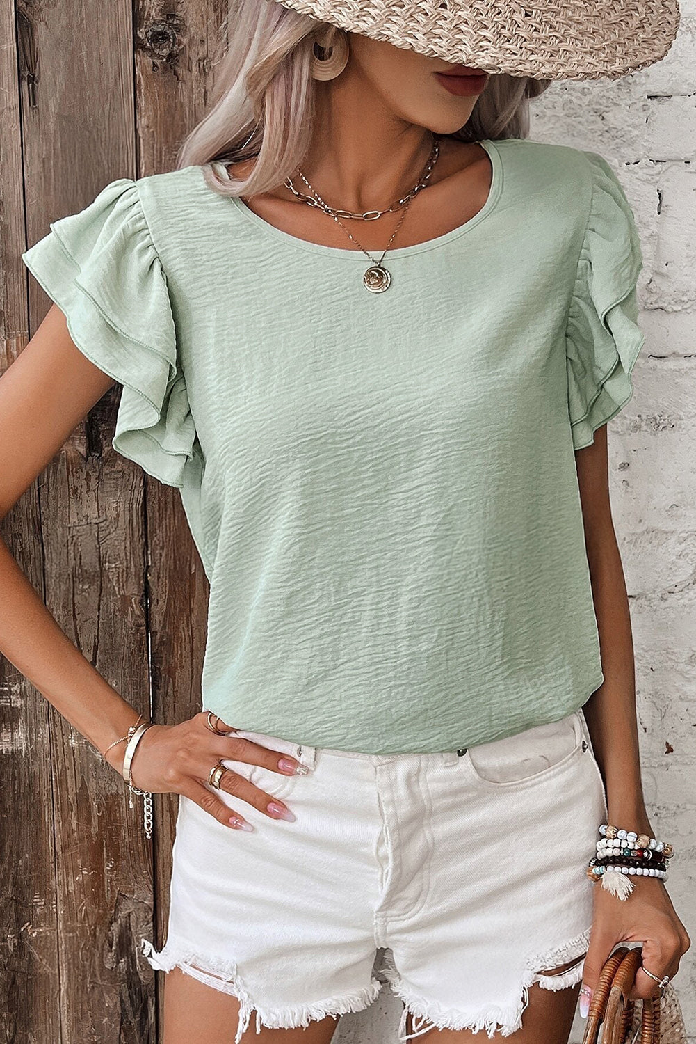 Clearly Aqua Solid Color Ruffled Short Sleeve Casual Blouse