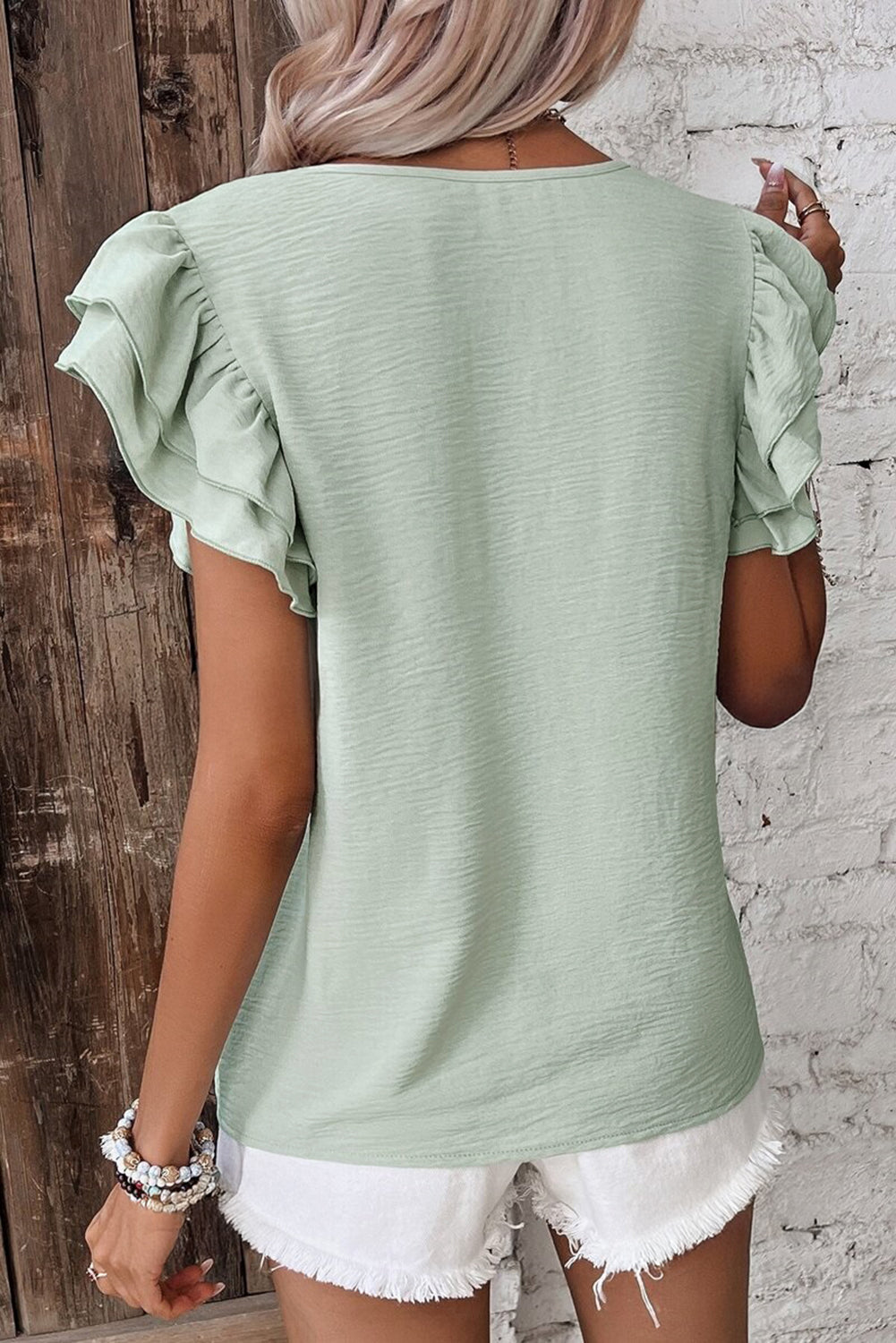 Clearly Aqua Solid Color Ruffled Short Sleeve Casual Blouse