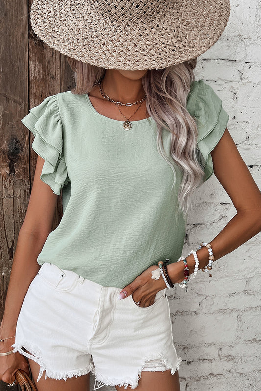 Clearly Aqua Solid Color Ruffled Short Sleeve Casual Blouse