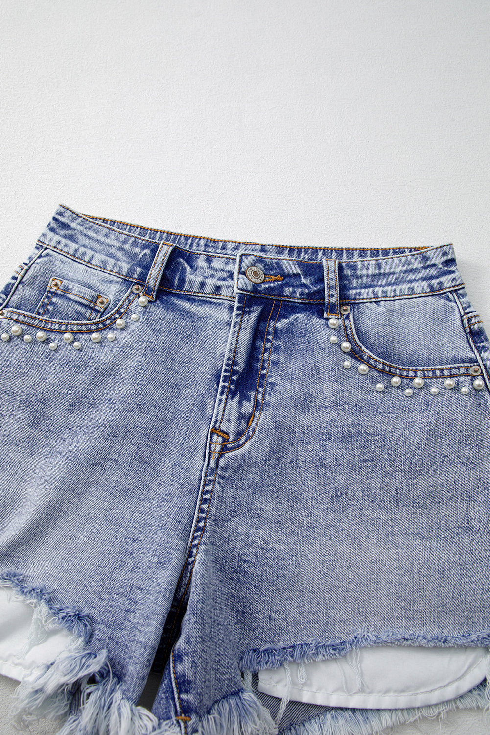 Beau Blue Pearl Studded Pockets Raw Hem Denim Shorts